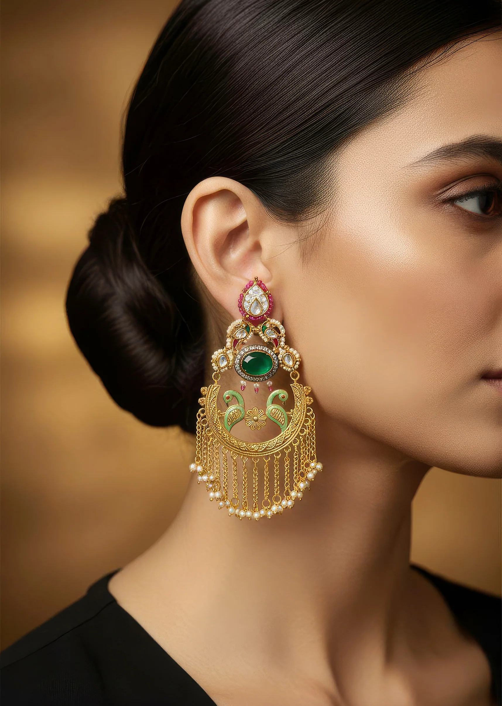 907-gold-traditional-kundan-polki-chandbali-earrings-with-stones-1.webp Gold Traditional Kundan Polki Chandbali Earrings with Stones