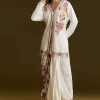 Cream Printed Croptop Set With Gotta Work Jacket And Dhoti Skirt