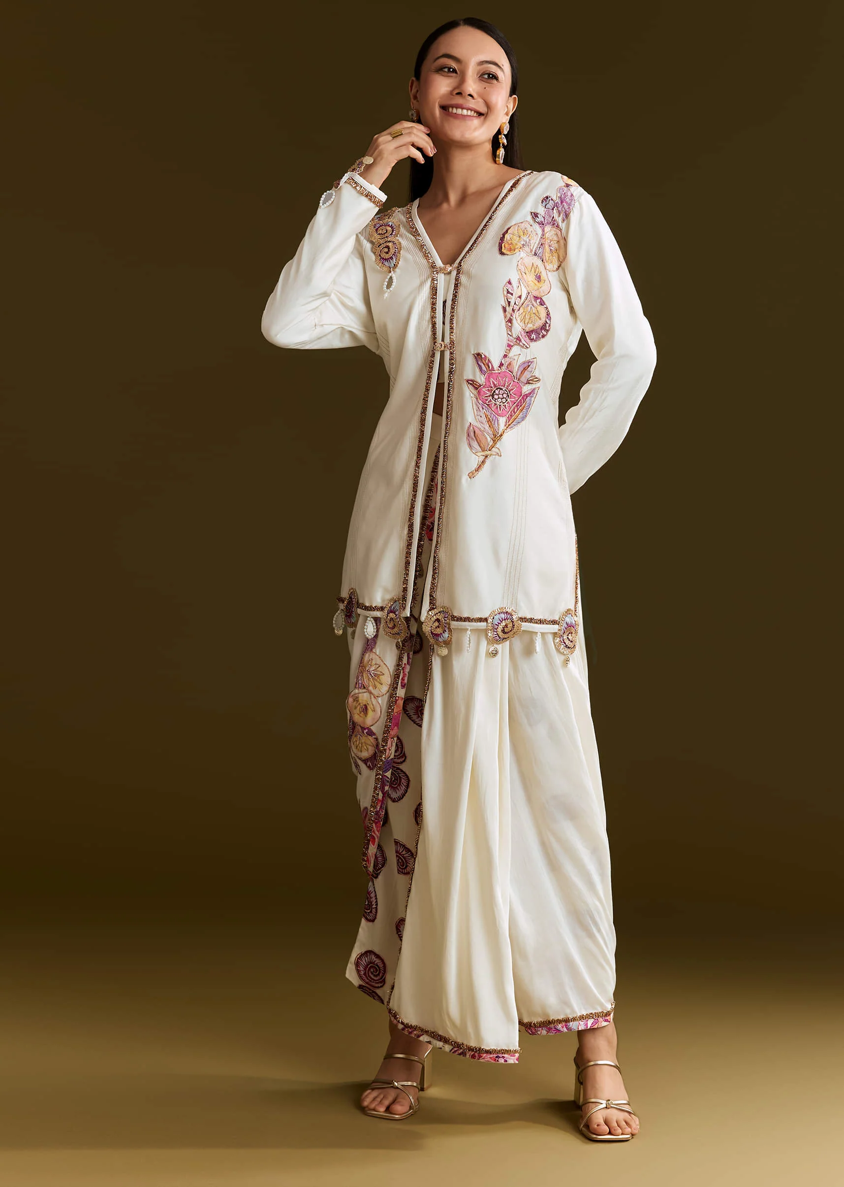 9079-cream-printed-croptop-set-with-gotta-work-jacket-and-dhoti-skirt-1.webp Cream Printed Croptop Set With Gotta Work Jacket And Dhoti Skirt