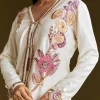 Cream Printed Croptop Set With Gotta Work Jacket And Dhoti Skirt