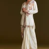 Cream Printed Croptop Set With Gotta Work Jacket And Dhoti Skirt