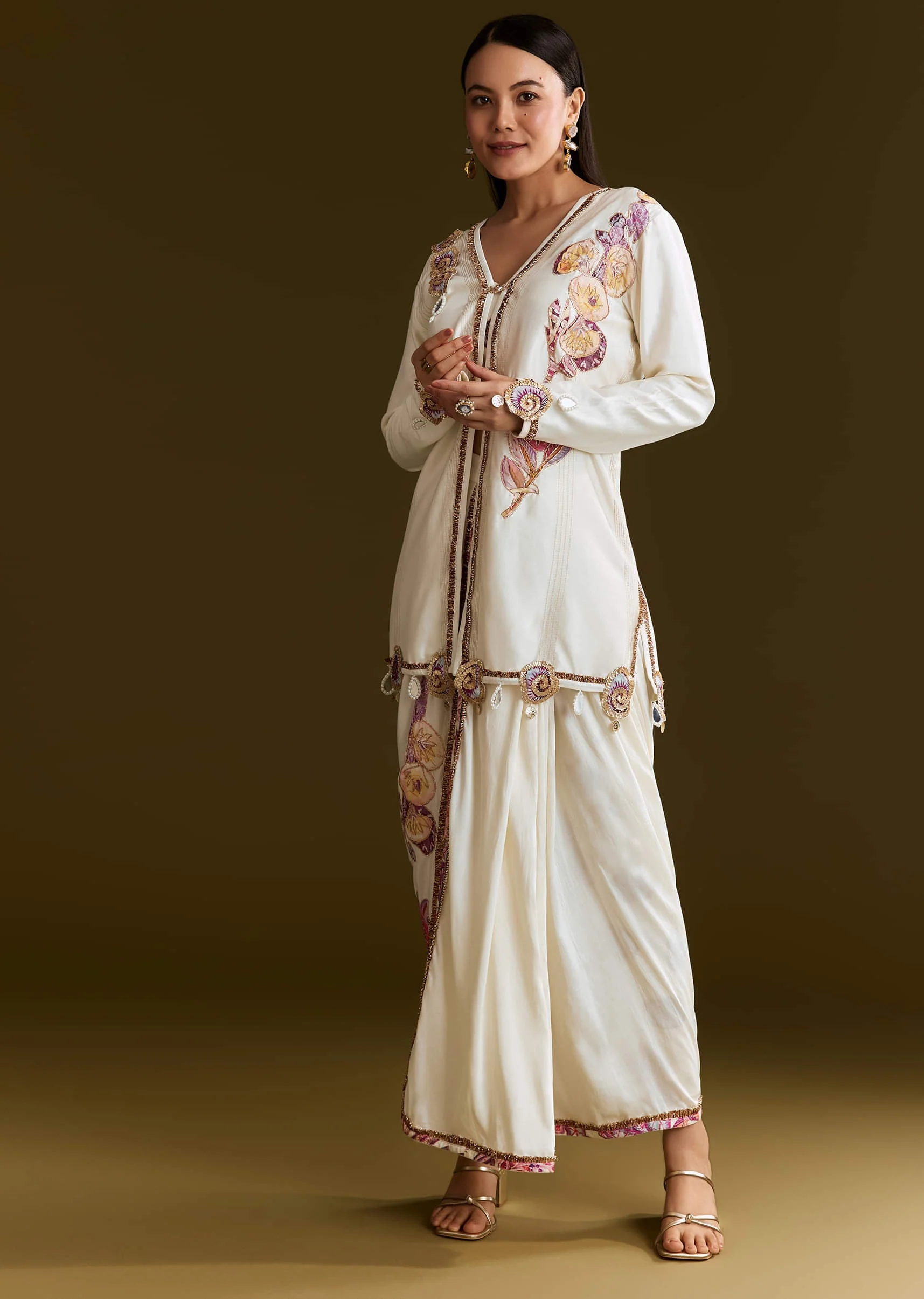 Cream Printed Croptop Set With Gotta Work Jacket And Dhoti Skirt