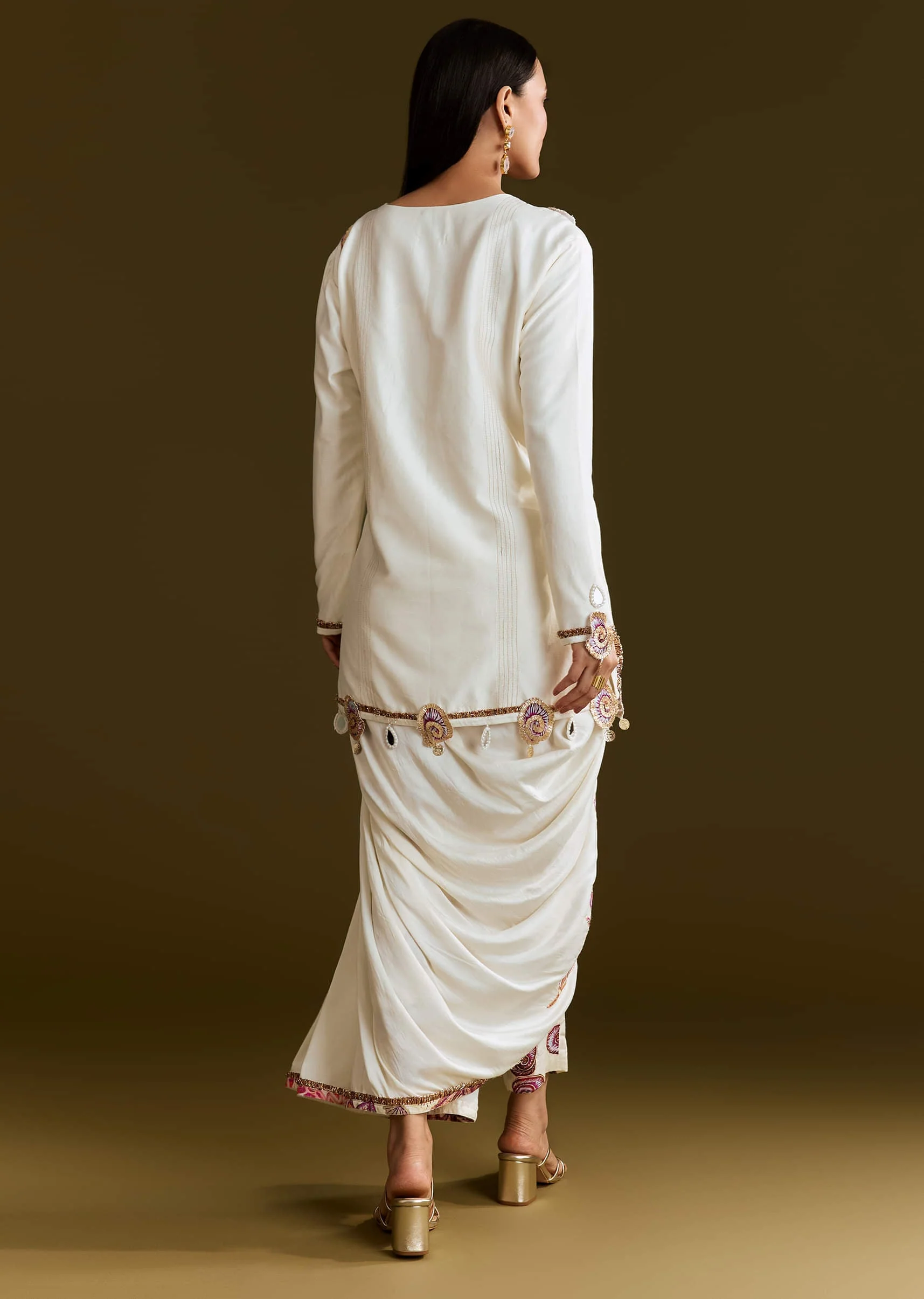 Cream Printed Croptop Set With Gotta Work Jacket And Dhoti Skirt