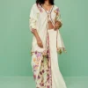 Cream Printed Croptop Set With Gotta Work Jacket And Dhoti Skirt