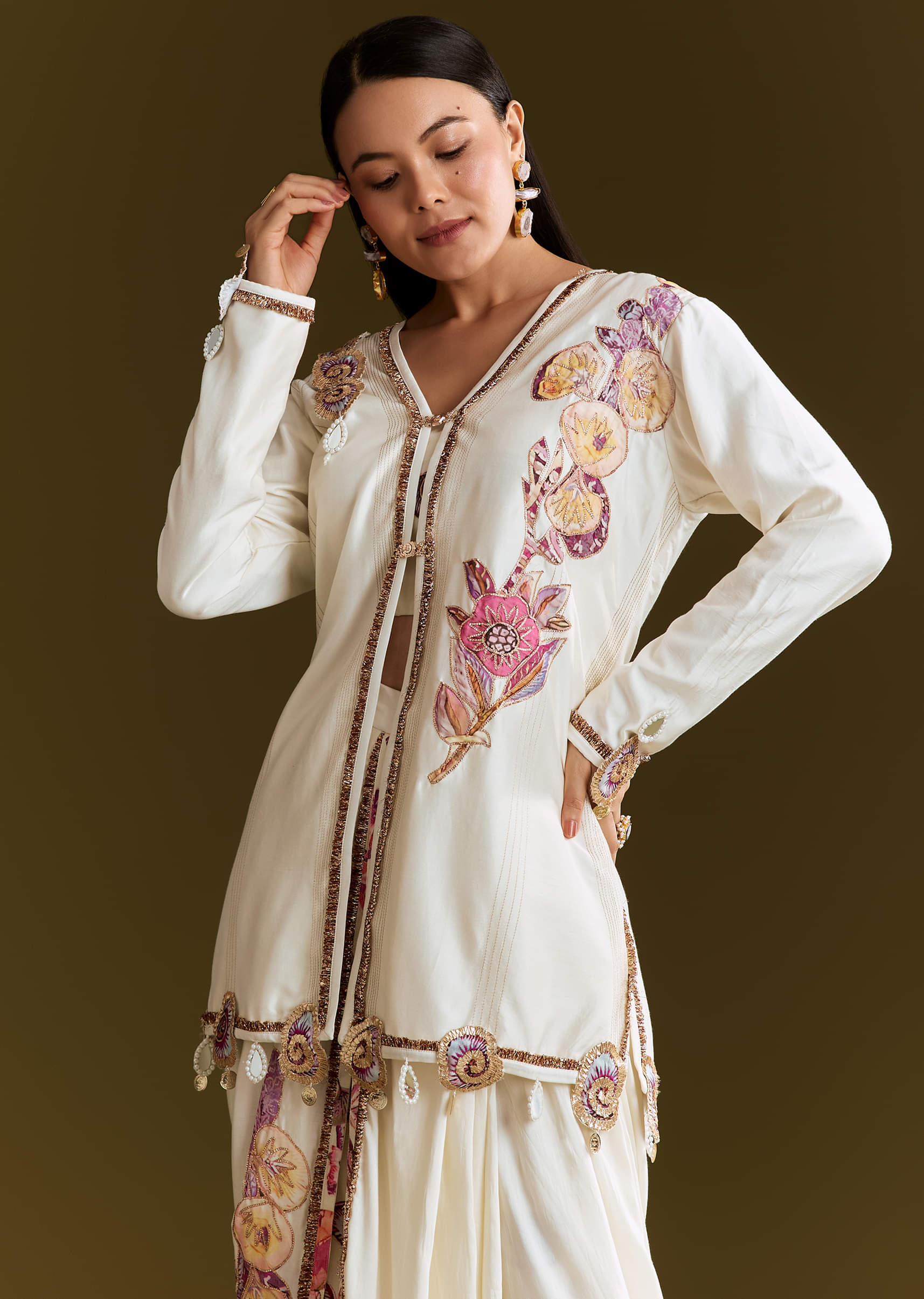 Cream Printed Croptop Set With Gotta Work Jacket And Dhoti Skirt