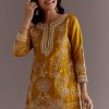 Yellow Embroidered Short Kurta With Silk Satin Dhoti