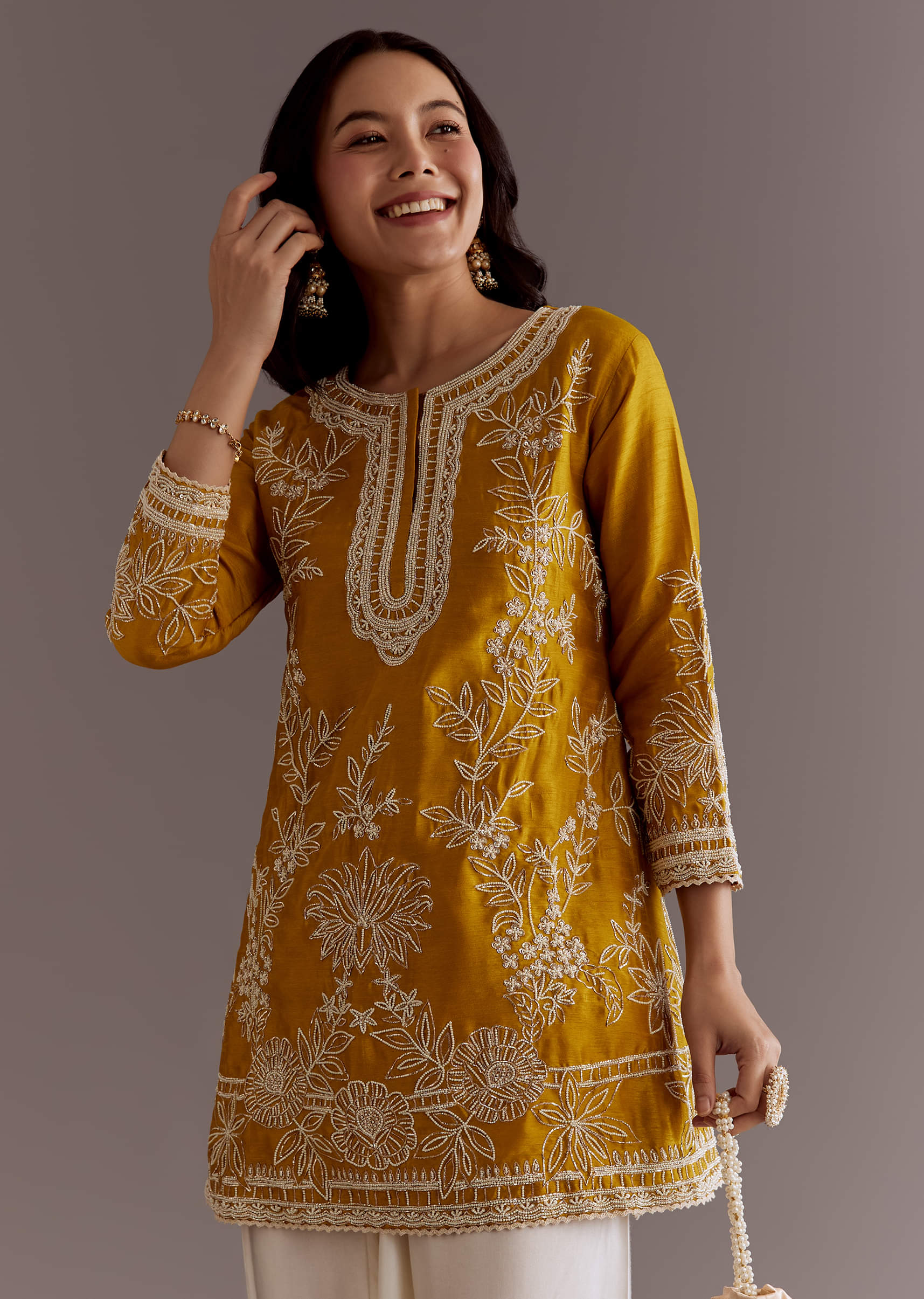 9098-yellow-embroidered-short-kurta-with-silk-satin-dhoti-1.jpg Yellow Embroidered Short Kurta With Silk Satin Dhoti