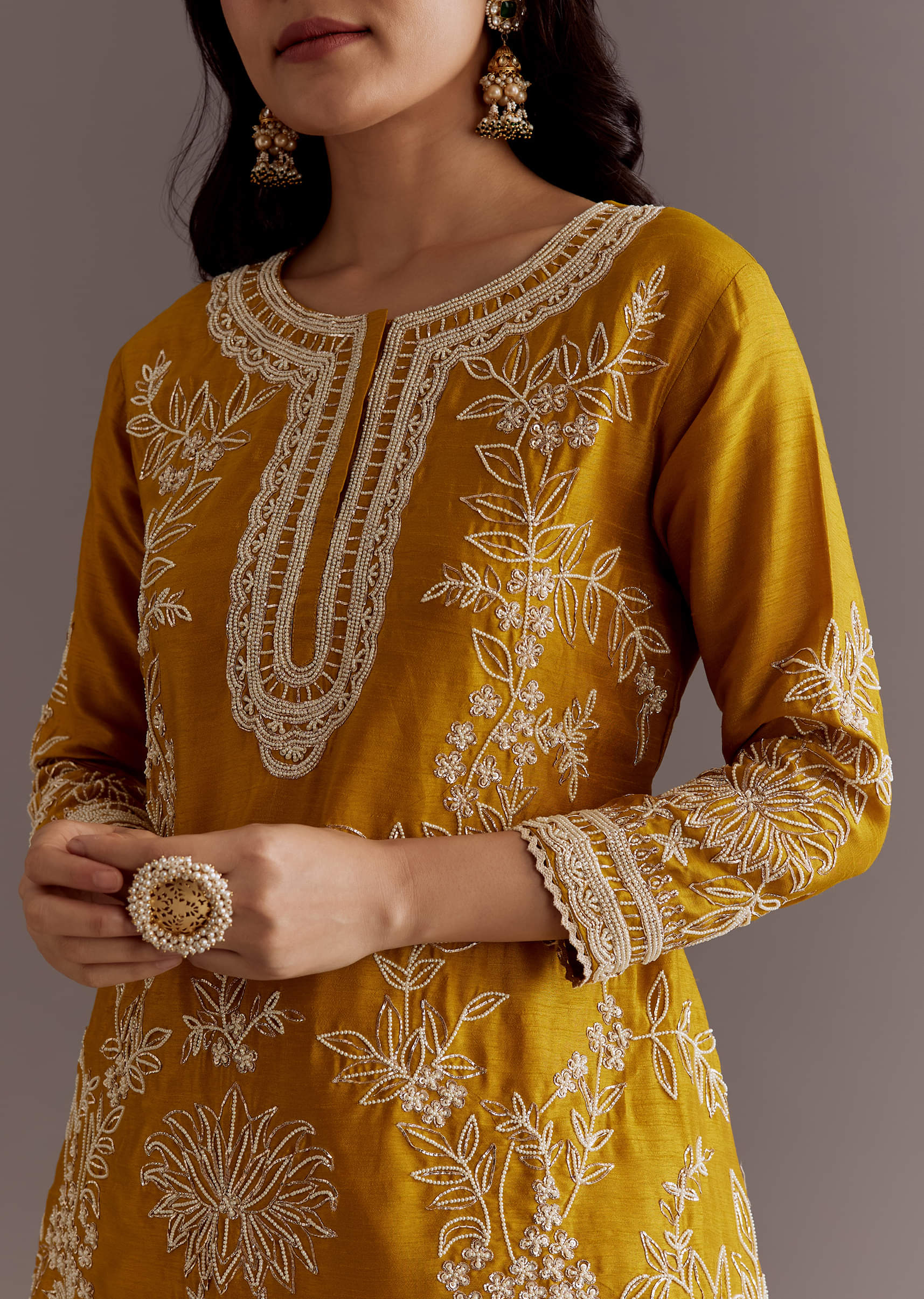 Yellow Embroidered Short Kurta With Silk Satin Dhoti