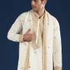 Cream Embellished Kurta with Dhoti & Dupatta Set