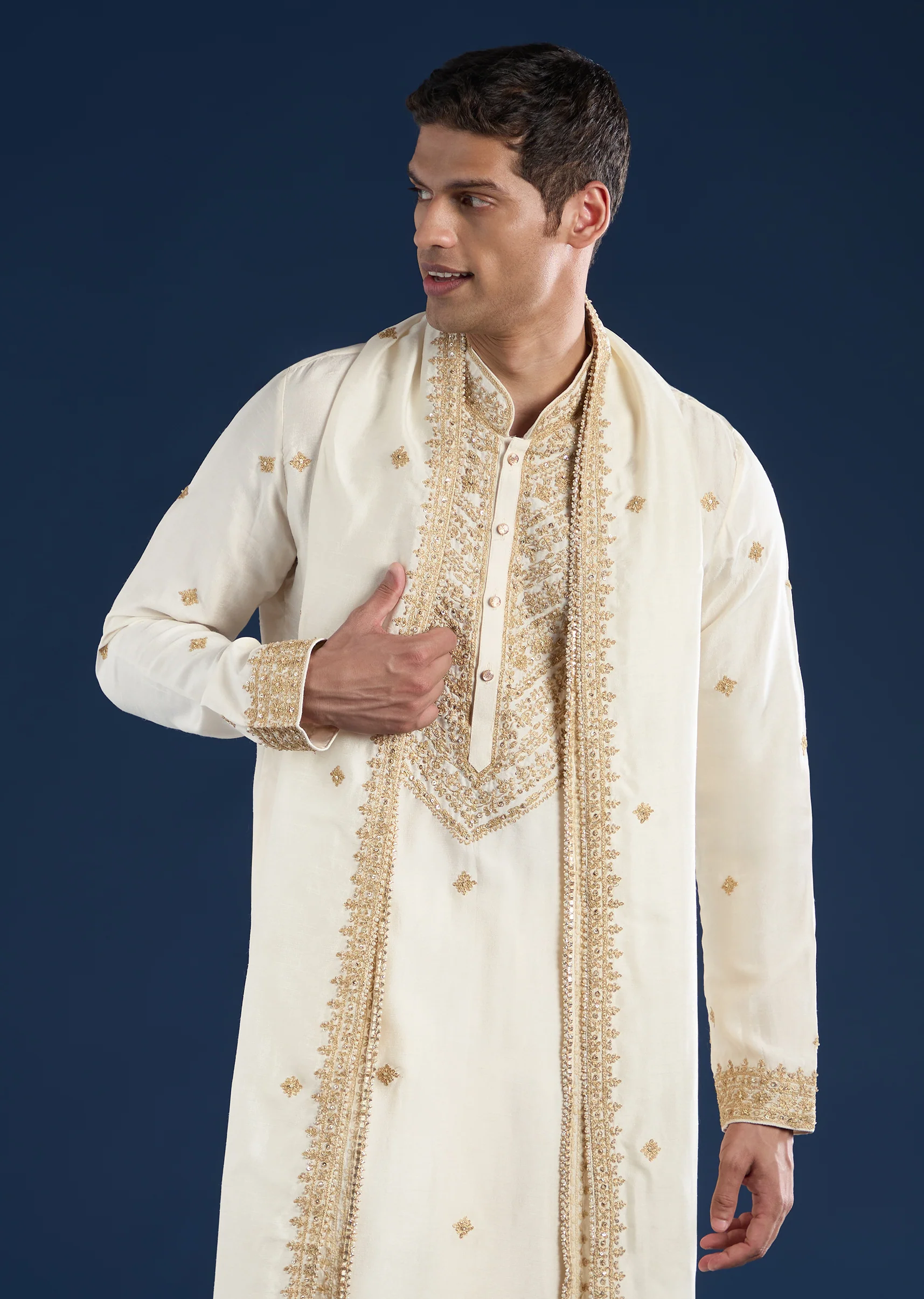 Cream Embellished Kurta with Dhoti & Dupatta Set