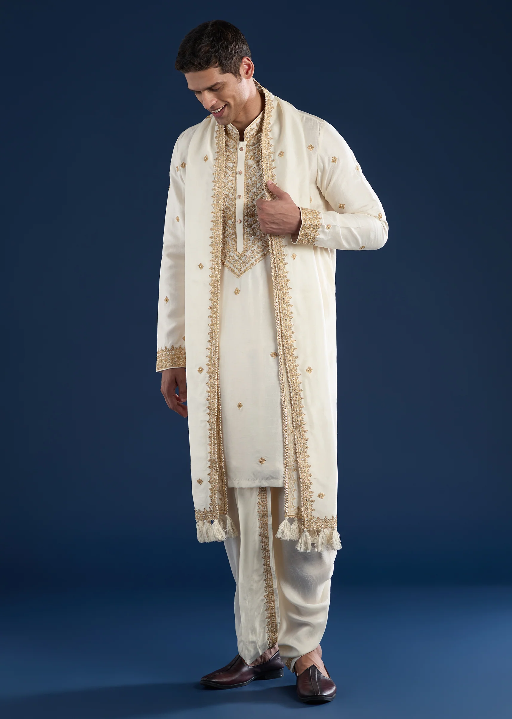 Cream Embellished Kurta with Dhoti & Dupatta Set