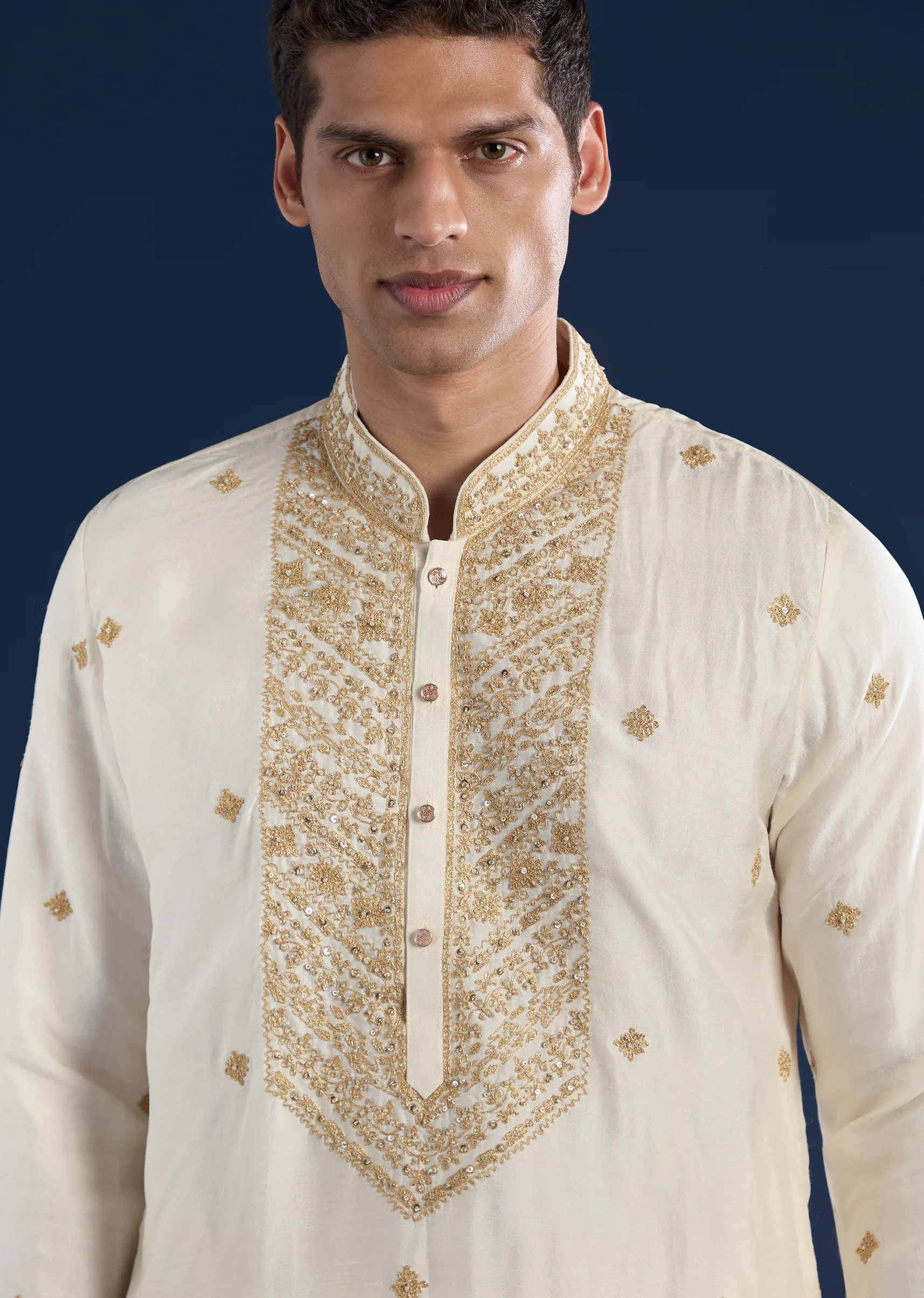 Cream Embellished Kurta with Dhoti & Dupatta Set