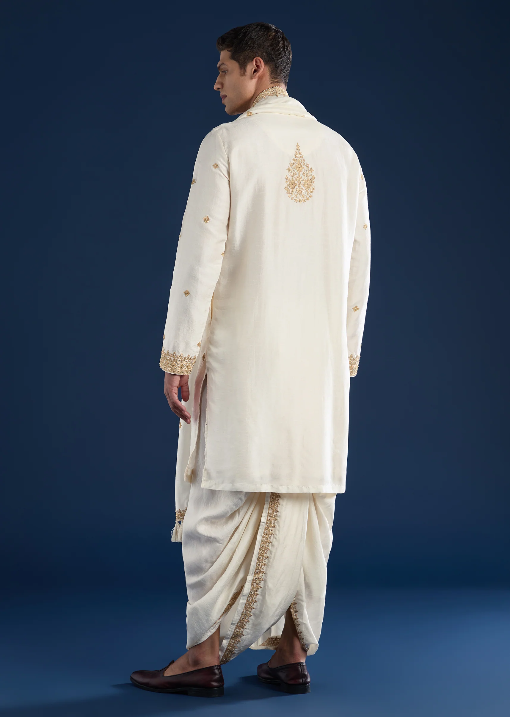 Cream Embellished Kurta with Dhoti & Dupatta Set