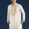Cream Embellished Kurta with Dhoti & Dupatta Set