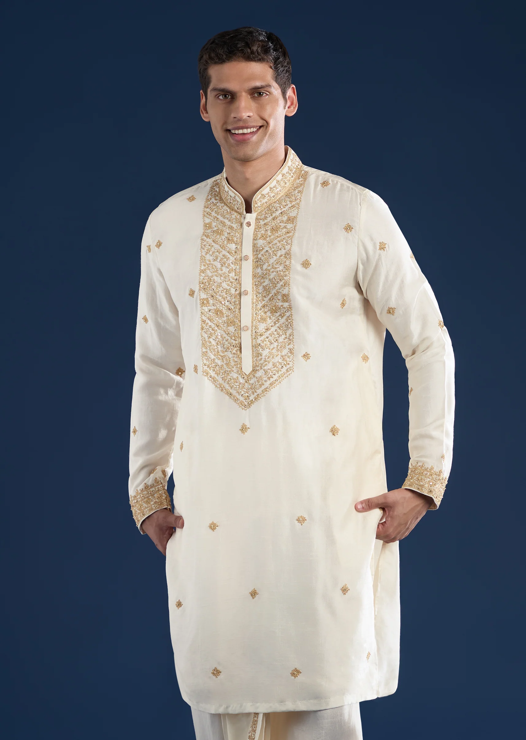 Cream Embellished Kurta with Dhoti & Dupatta Set