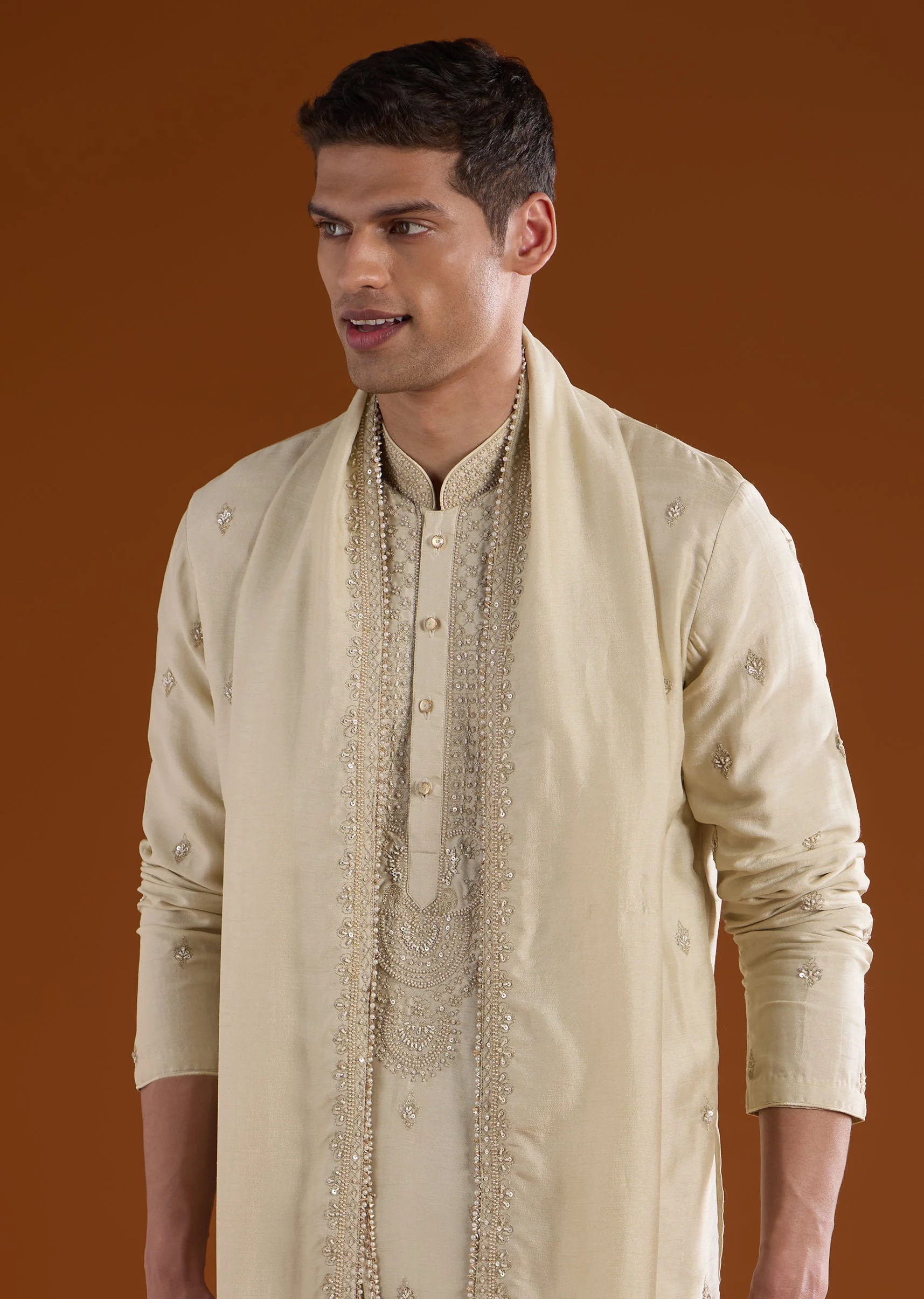 Silk Beige Kurta Dhoti Set With Moti And Sequins Work for Muhurtham