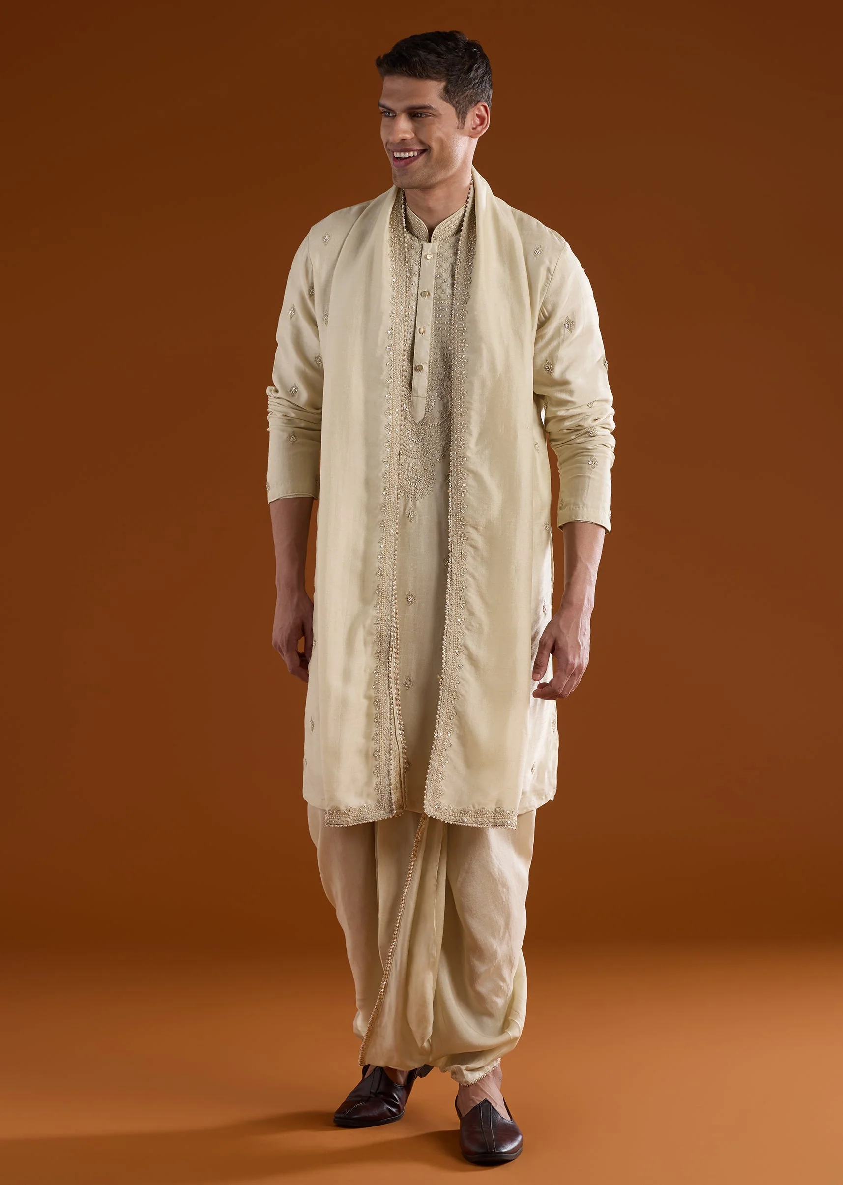 Silk Beige Kurta Dhoti Set With Moti And Sequins Work for Muhurtham