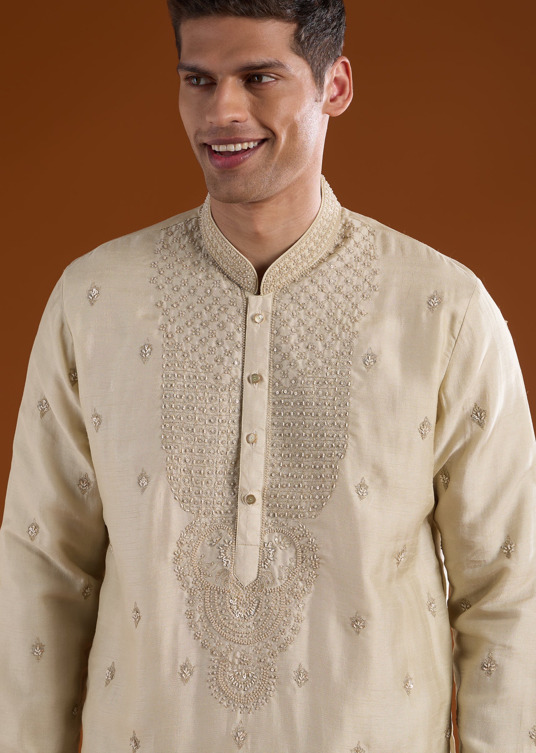 Silk Beige Kurta Dhoti Set With Moti And Sequins Work for Muhurtham