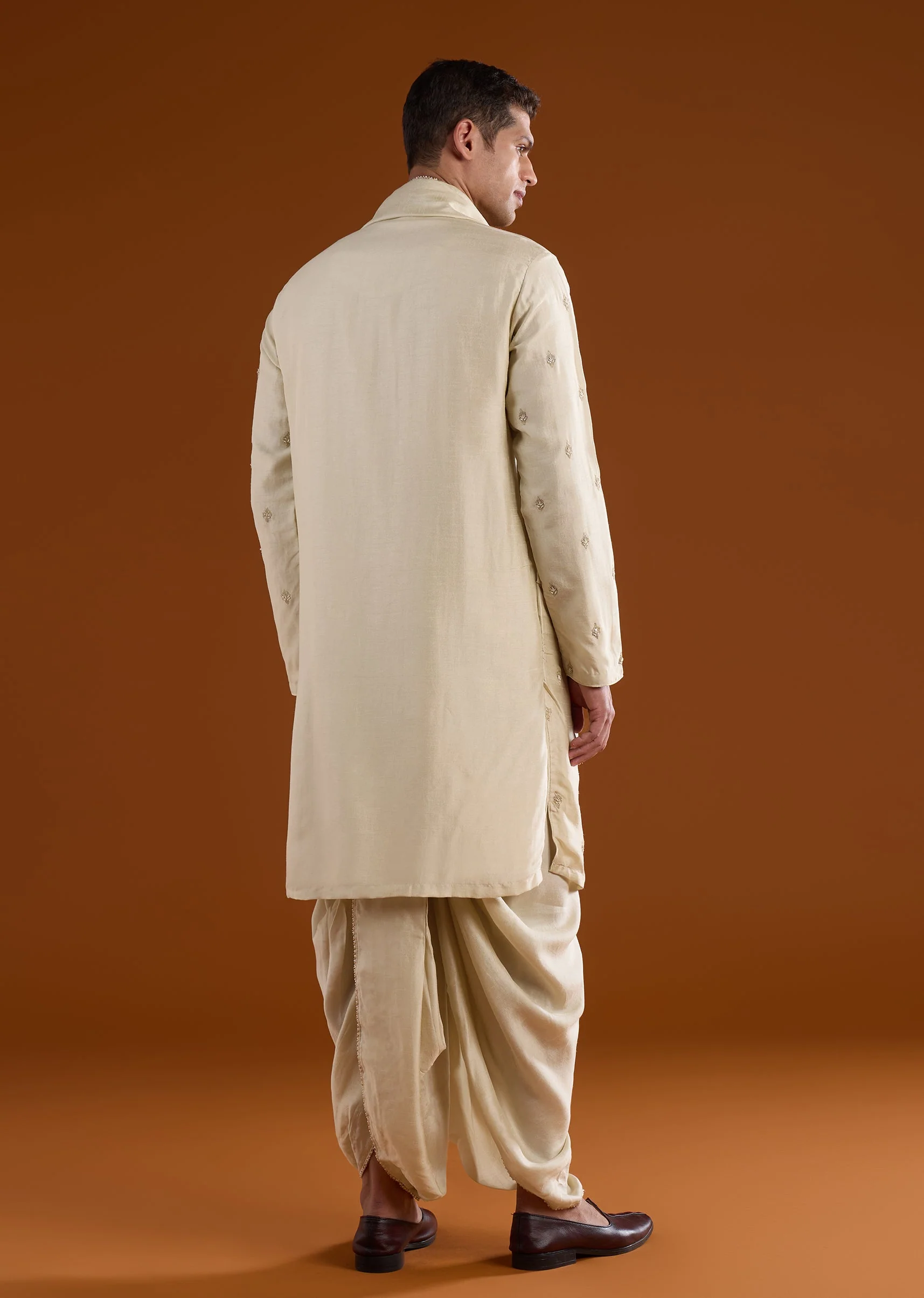 Silk Beige Kurta Dhoti Set With Moti And Sequins Work for Muhurtham