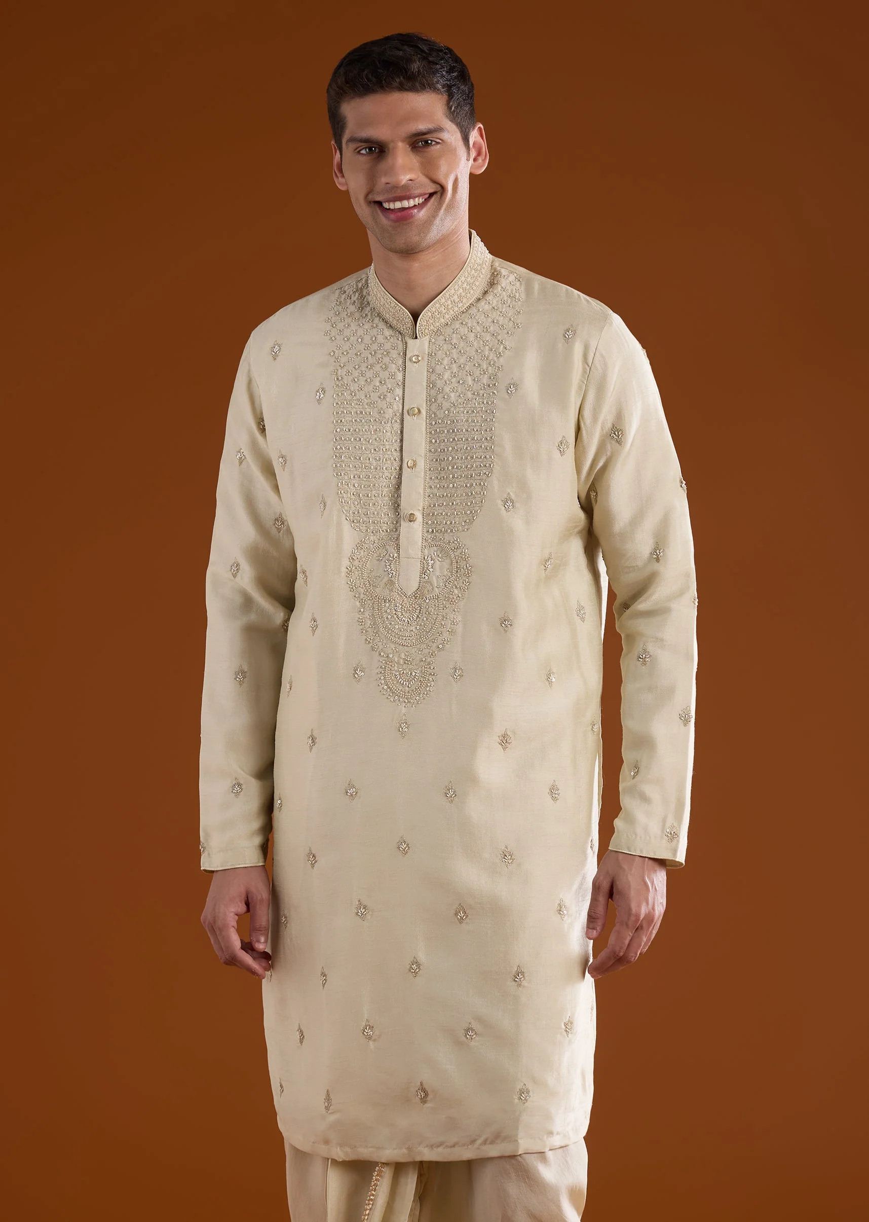 Silk Beige Kurta Dhoti Set With Moti And Sequins Work for Muhurtham