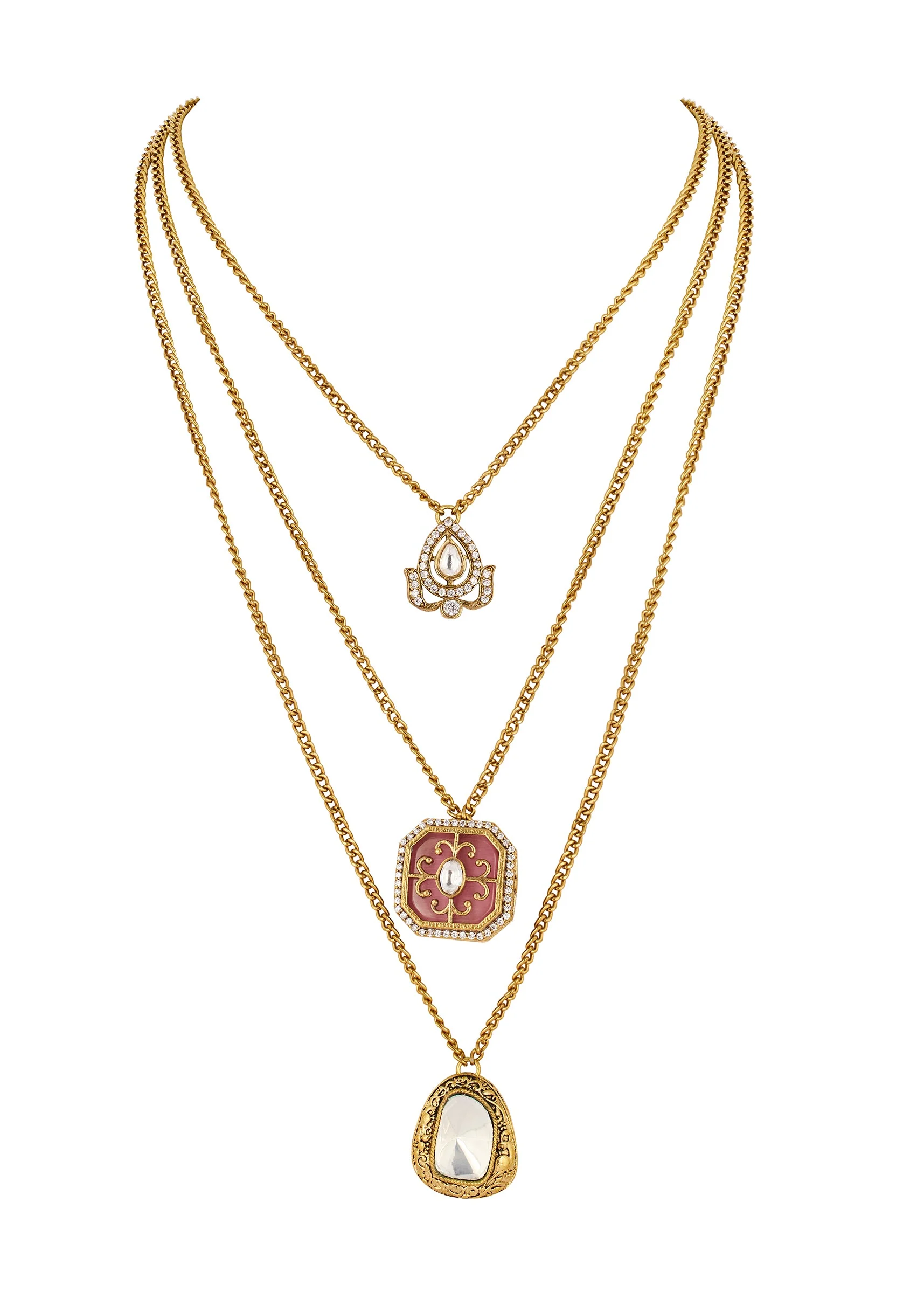 912-pink-traditional-kundan-polki-layered-necklace-with-stones-1.webp Pink Traditional Kundan Polki Layered Necklace with Stones