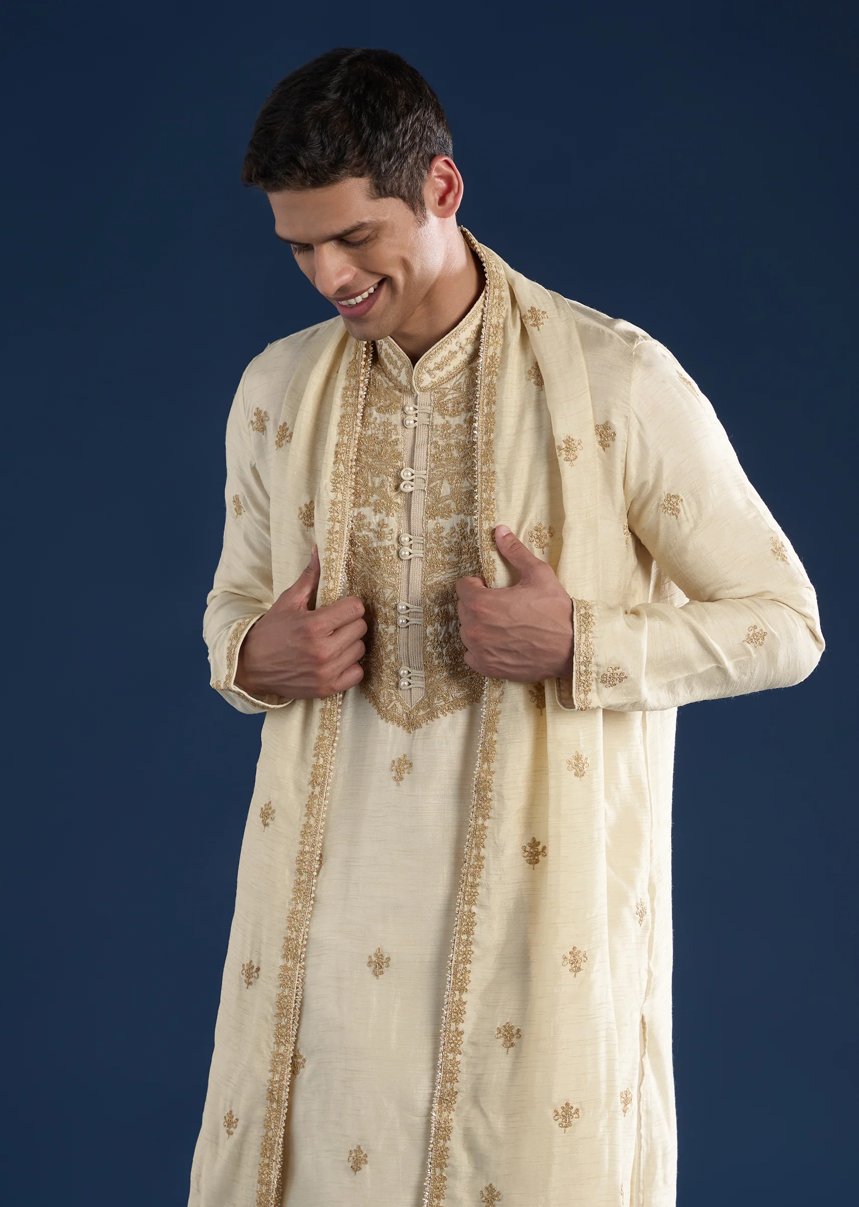 Beige Kurta with Dhoti & Dupatta Muhurtham Set