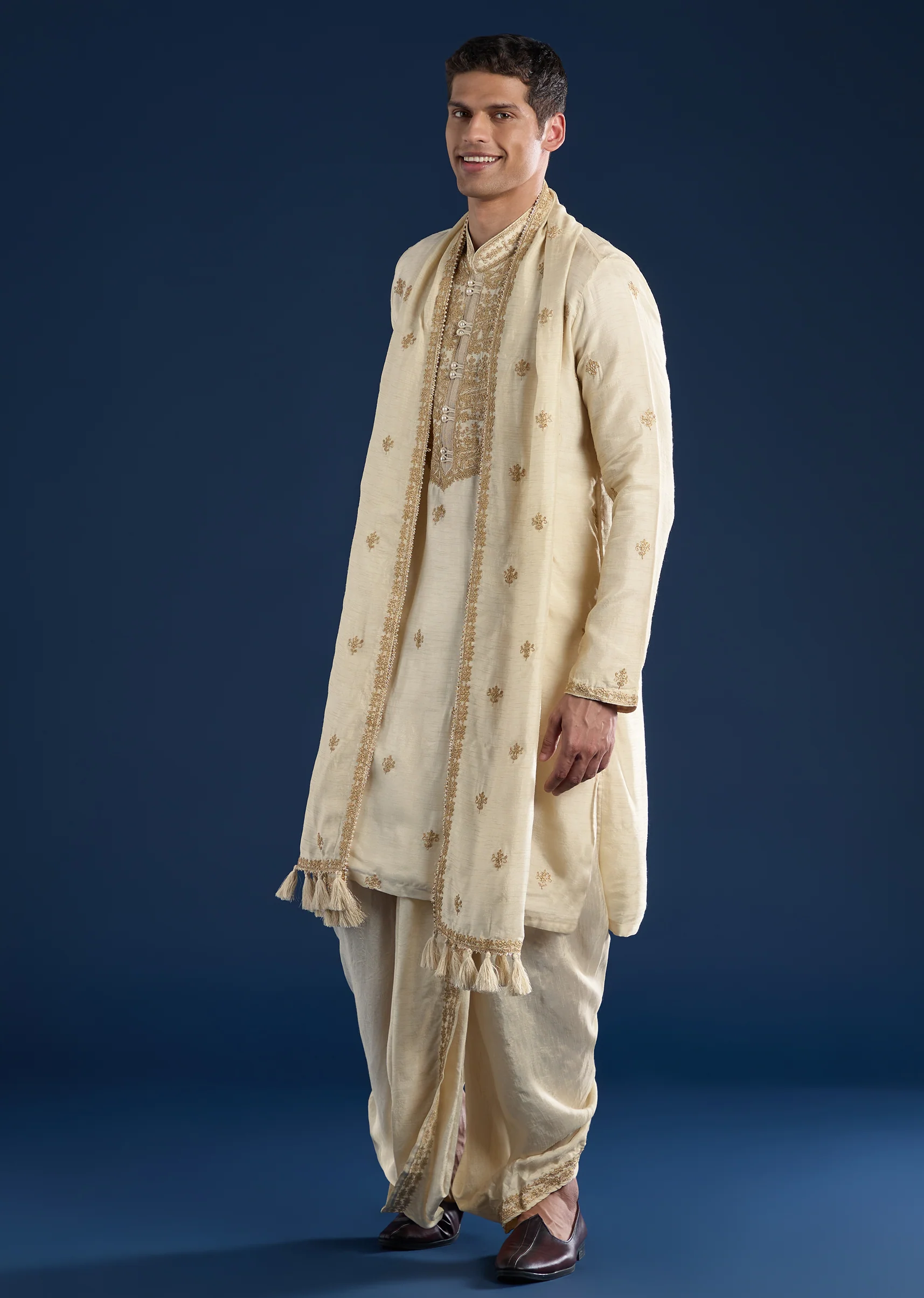 Beige Kurta with Dhoti & Dupatta Muhurtham Set