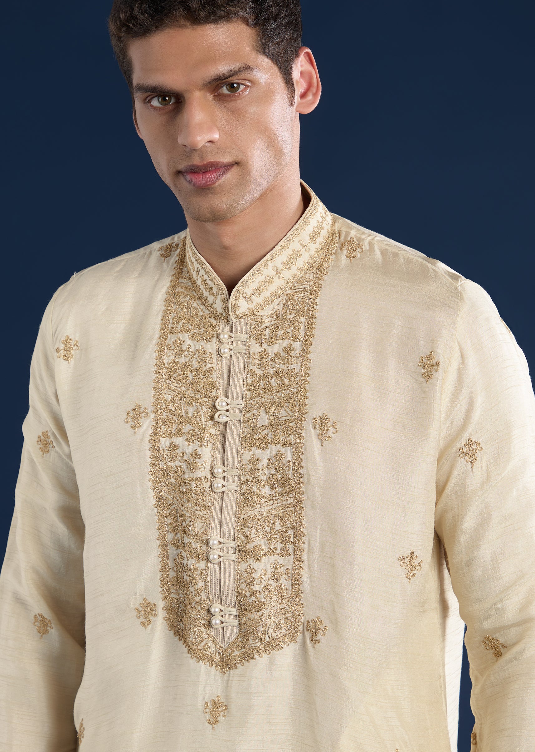 Beige Kurta with Dhoti & Dupatta Muhurtham Set