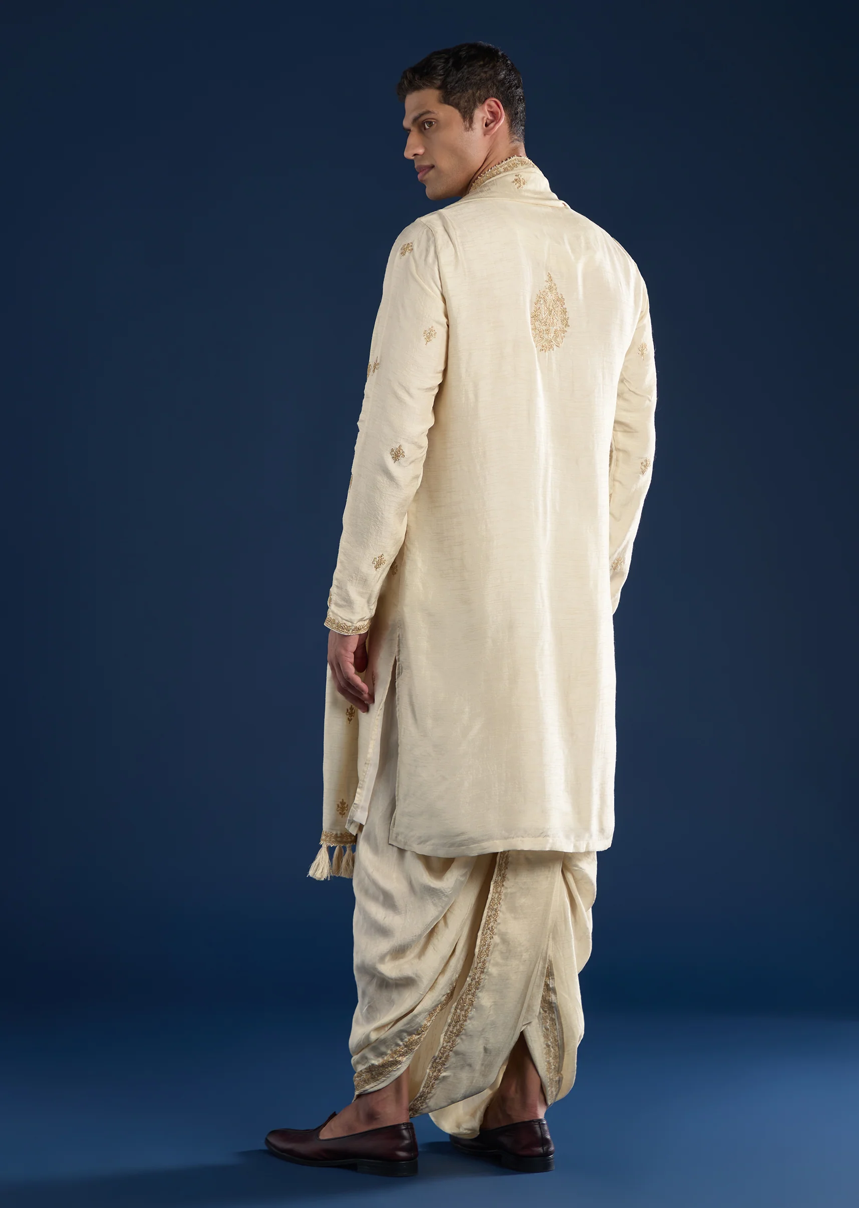 Beige Kurta with Dhoti & Dupatta Muhurtham Set