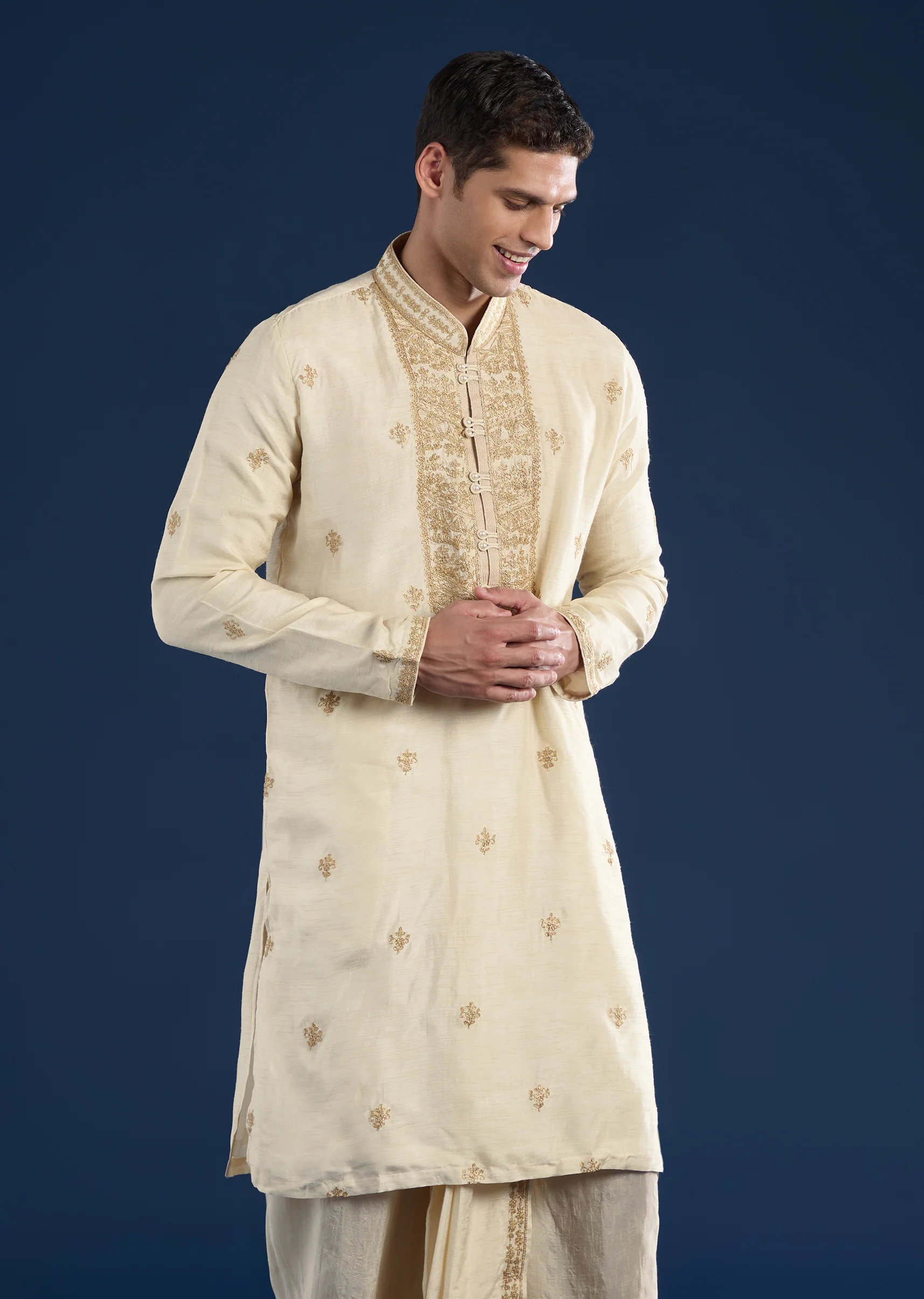 Beige Kurta with Dhoti & Dupatta Muhurtham Set