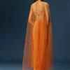 Rust Dhoti Skirt Set With Embellished Blouse And Tassel Net Dupatta