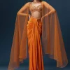 Rust Dhoti Skirt Set With Embellished Blouse And Tassel Net Dupatta