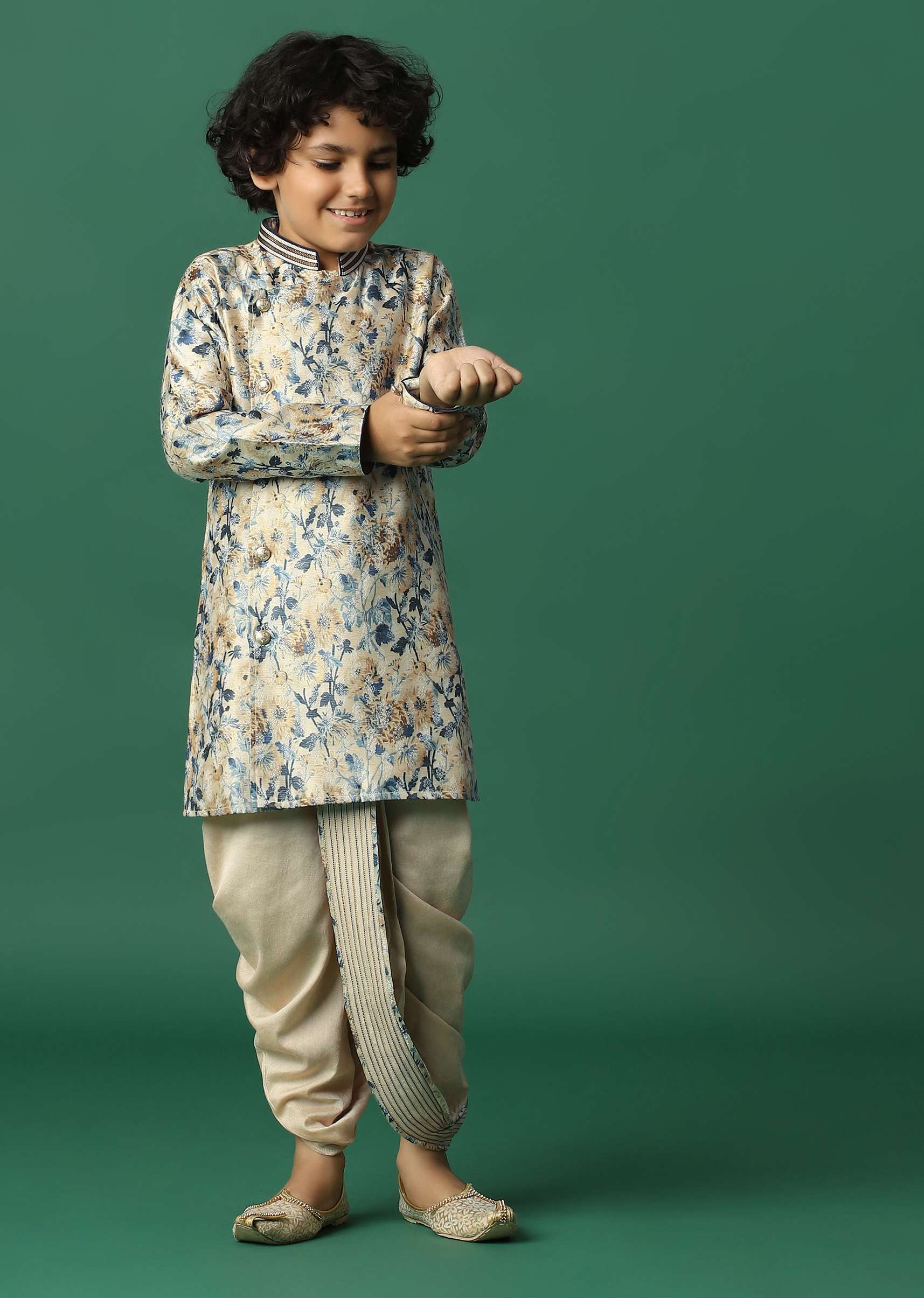 9169-kalki-beige-boys-dhoti-kurta-set-in-silk-with-floral-print-for-boys-1.jpg Kalki Beige Boys Dhoti Kurta Set In Silk With Floral Print For Boys