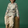 Kalki Beige Boys Dhoti Kurta Set In Silk With Floral Print For Boys