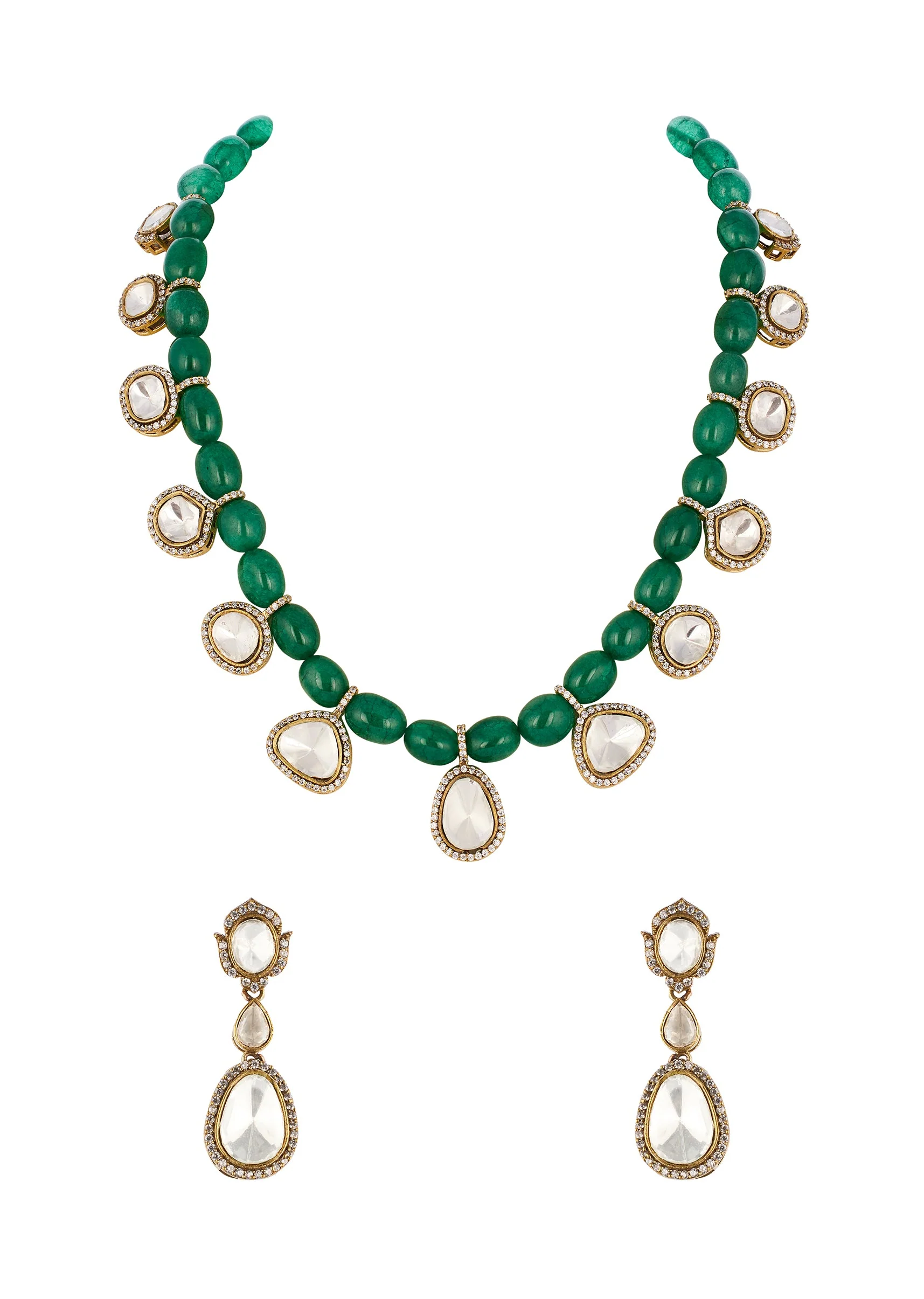 918-green-and-gold-traditional-gold-mordern-polki-necklace-set-with-beads-1.webp Green and Gold Traditional Gold Mordern Polki Necklace Set with Beads