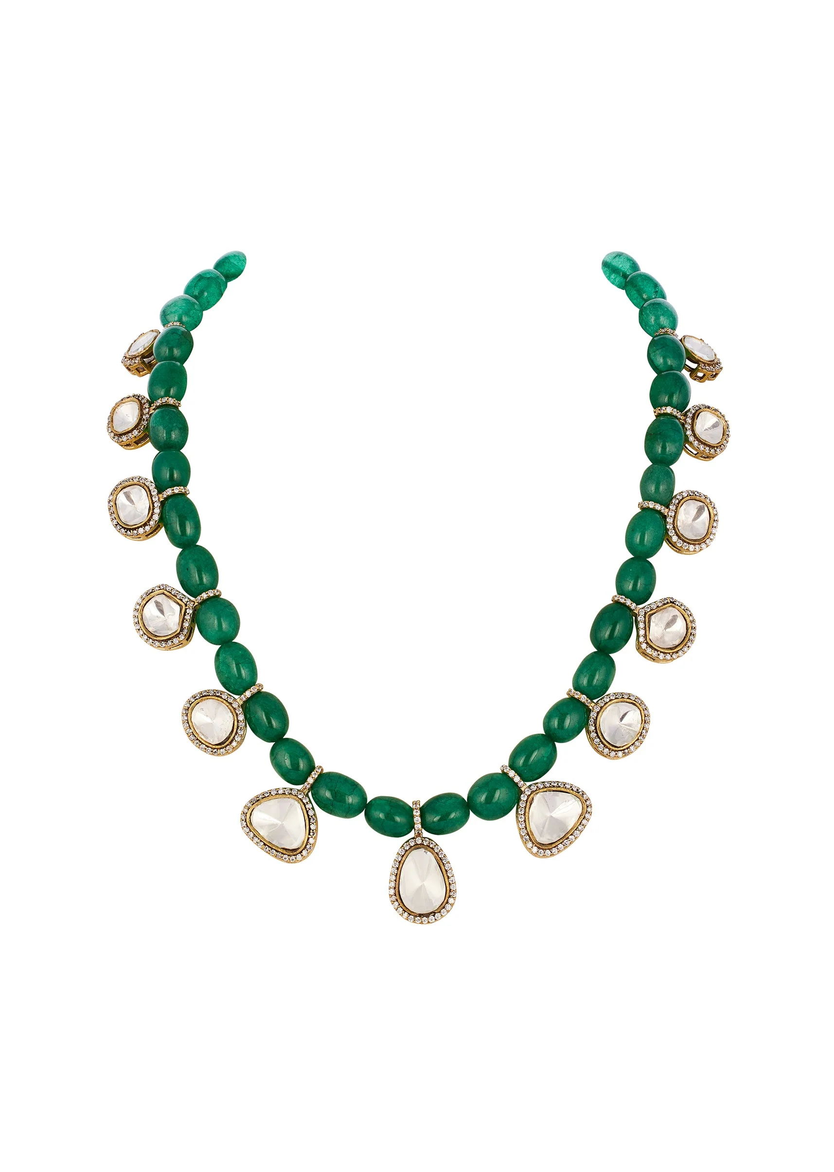 918-green-and-gold-traditional-gold-mordern-polki-necklace-set-with-beads-2.webp Green and Gold Traditional Gold Mordern Polki Necklace Set with Beads