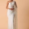White Saree In Organza With Floral Motif Border And Unstitched Blouse Piece