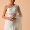 White Saree In Organza With Floral Motif Border And Unstitched Blouse Piece