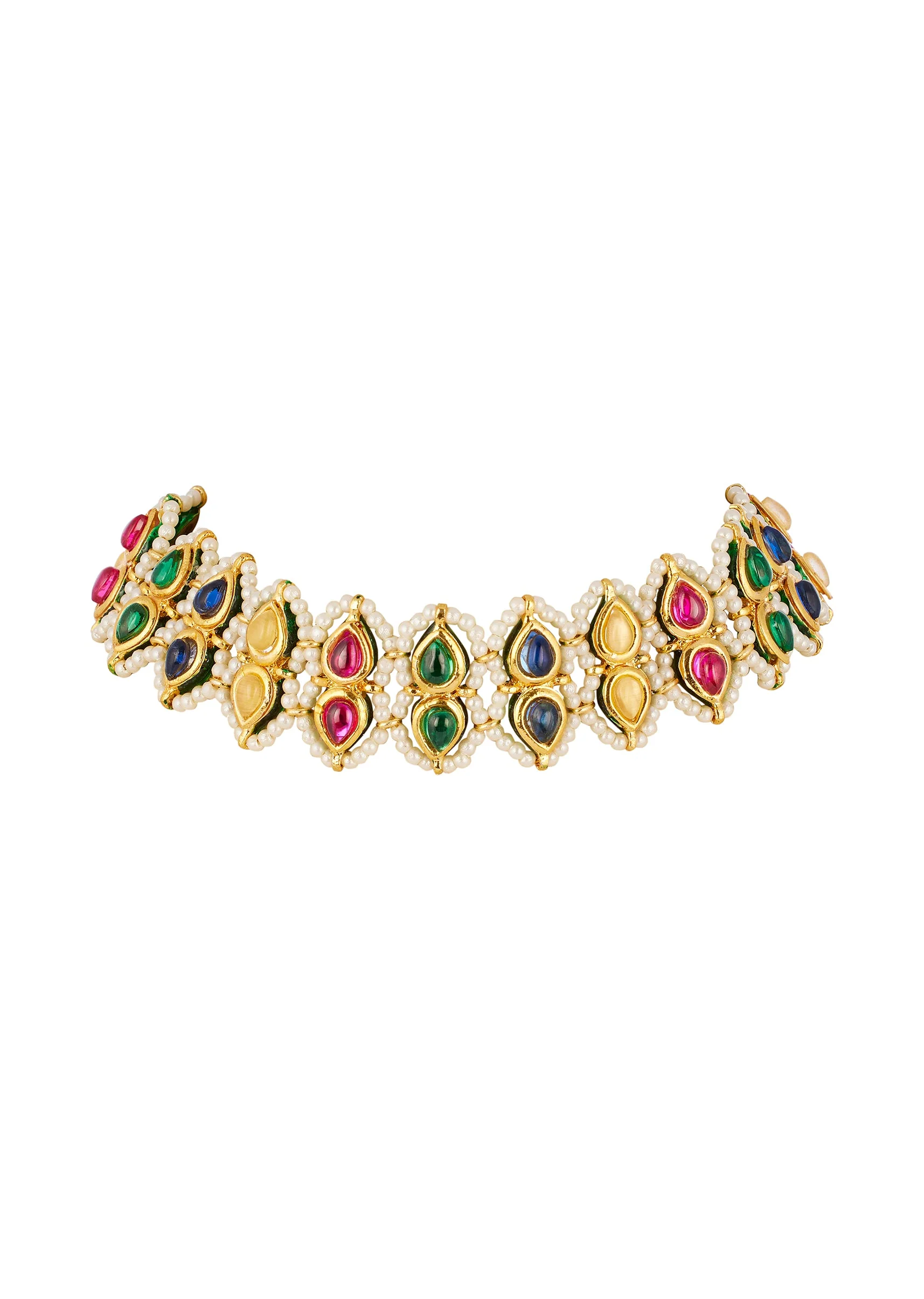 923-gold-traditional-kundan-necklace-set-with-faux-pearl-and-multi-stones-2.webp Gold Traditional Kundan Necklace Set with Faux Pearl and Multi Stones