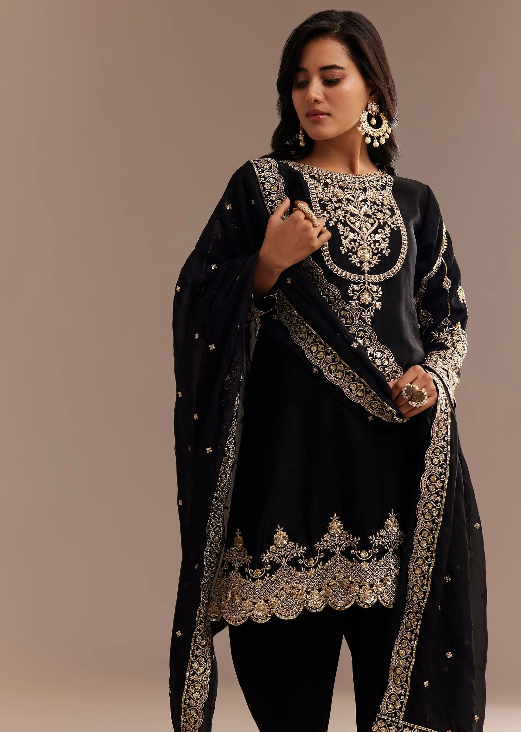 Black Satin Zari Embroidered Dhoti Kurta Set