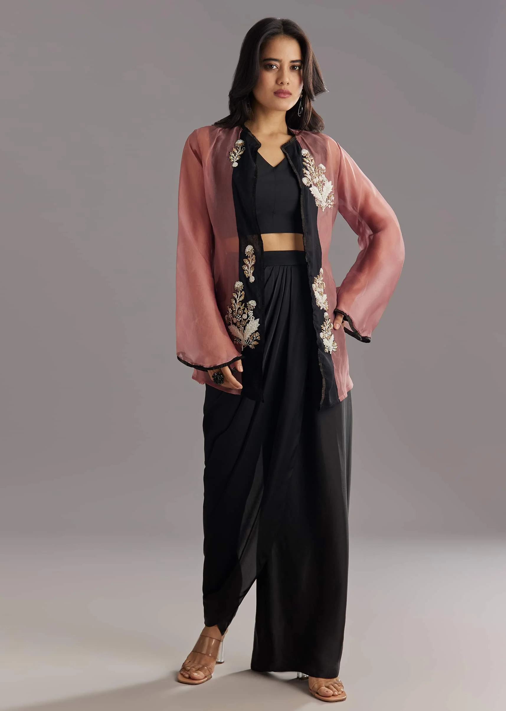 Black Organza Jacket and Satin Dhoti Palazzo Set With Zardosi Embroidery