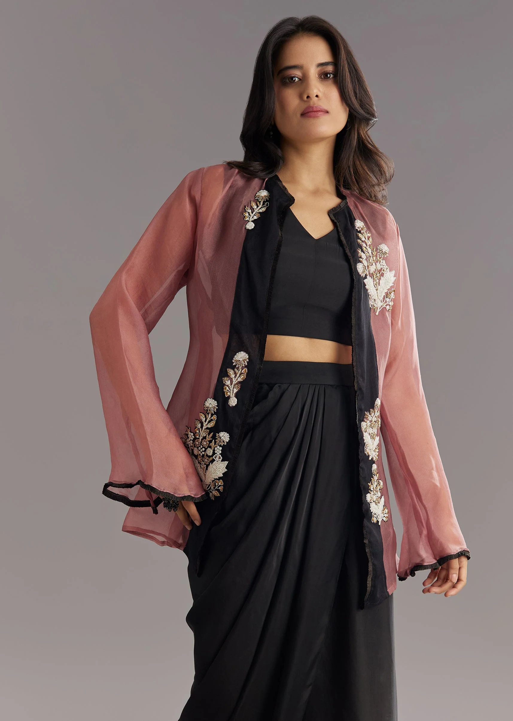 Black Organza Jacket and Satin Dhoti Palazzo Set With Zardosi Embroidery