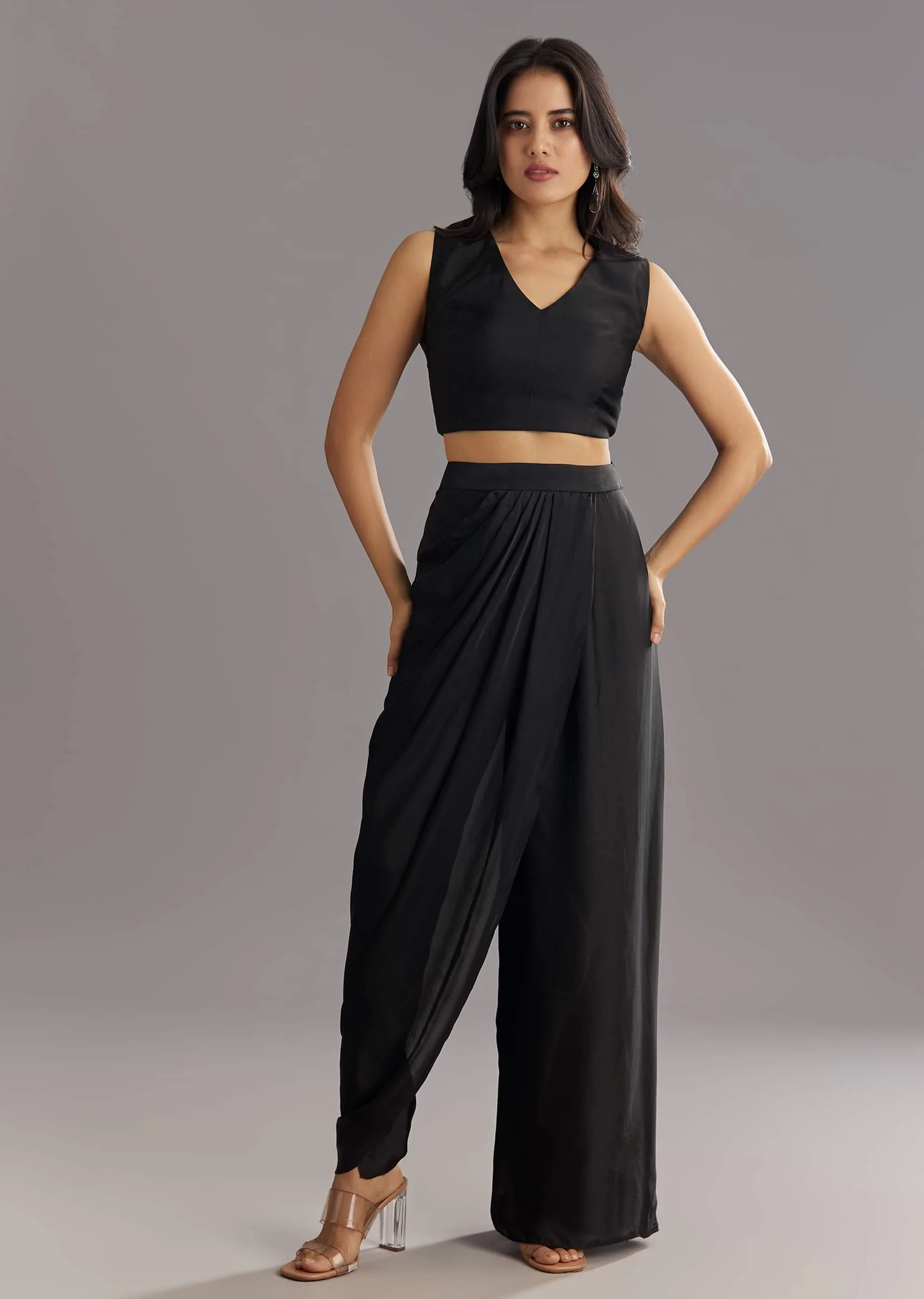 Black Organza Jacket and Satin Dhoti Palazzo Set With Zardosi Embroidery