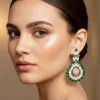 Green Anti Tarnish CZ Diamond Rhodium-Plated Brass Earrings with Beads