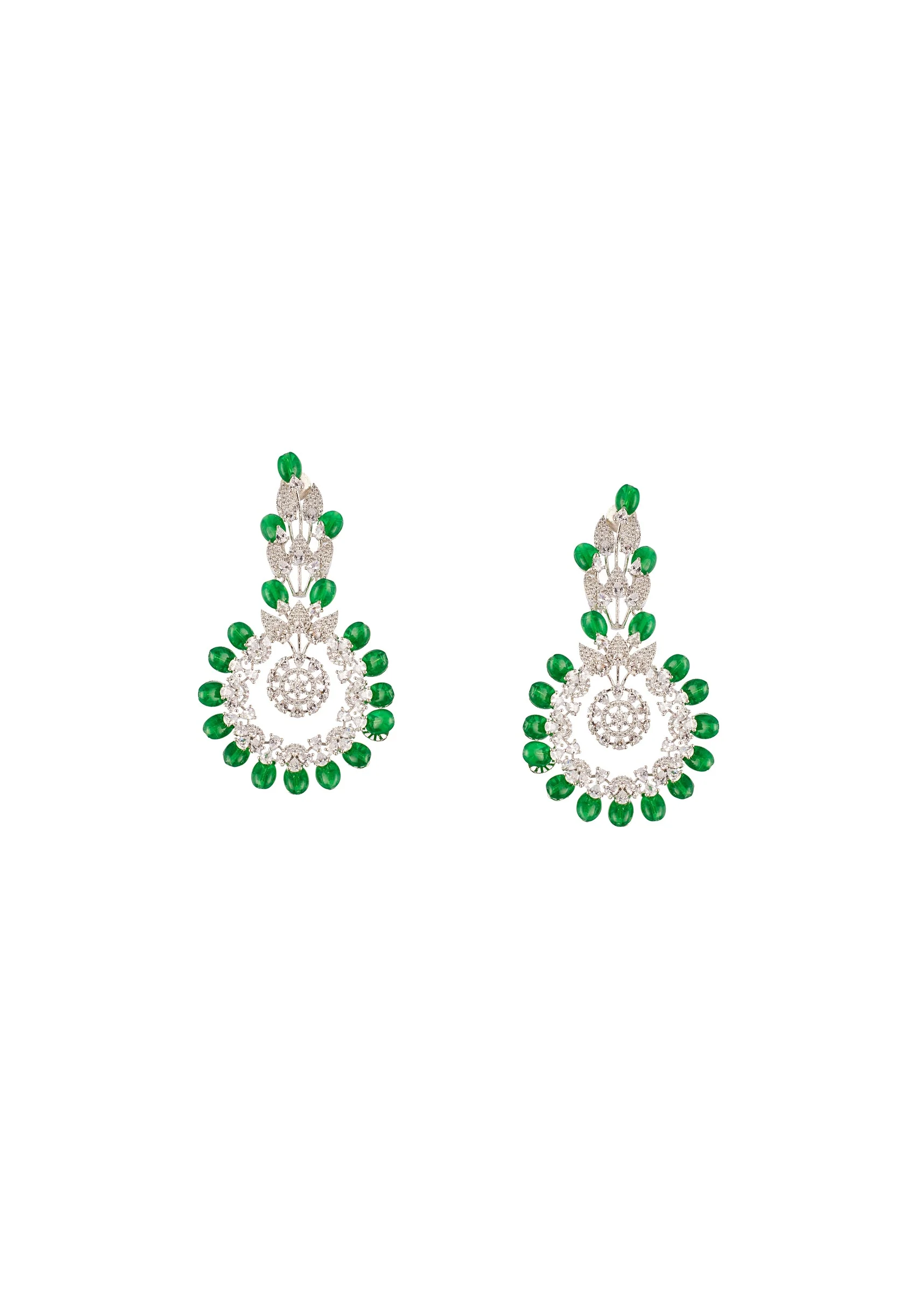 Green Anti Tarnish CZ Diamond Rhodium-Plated Brass Earrings with Beads