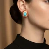 928-gold-finish-stud-earrings-with-dome-cut-turquoise-and-cubic-zirconia-detailing-1.webp Gold Finish Stud Earrings With Dome Cut Turquoise And Cubic Zirconia Detailing