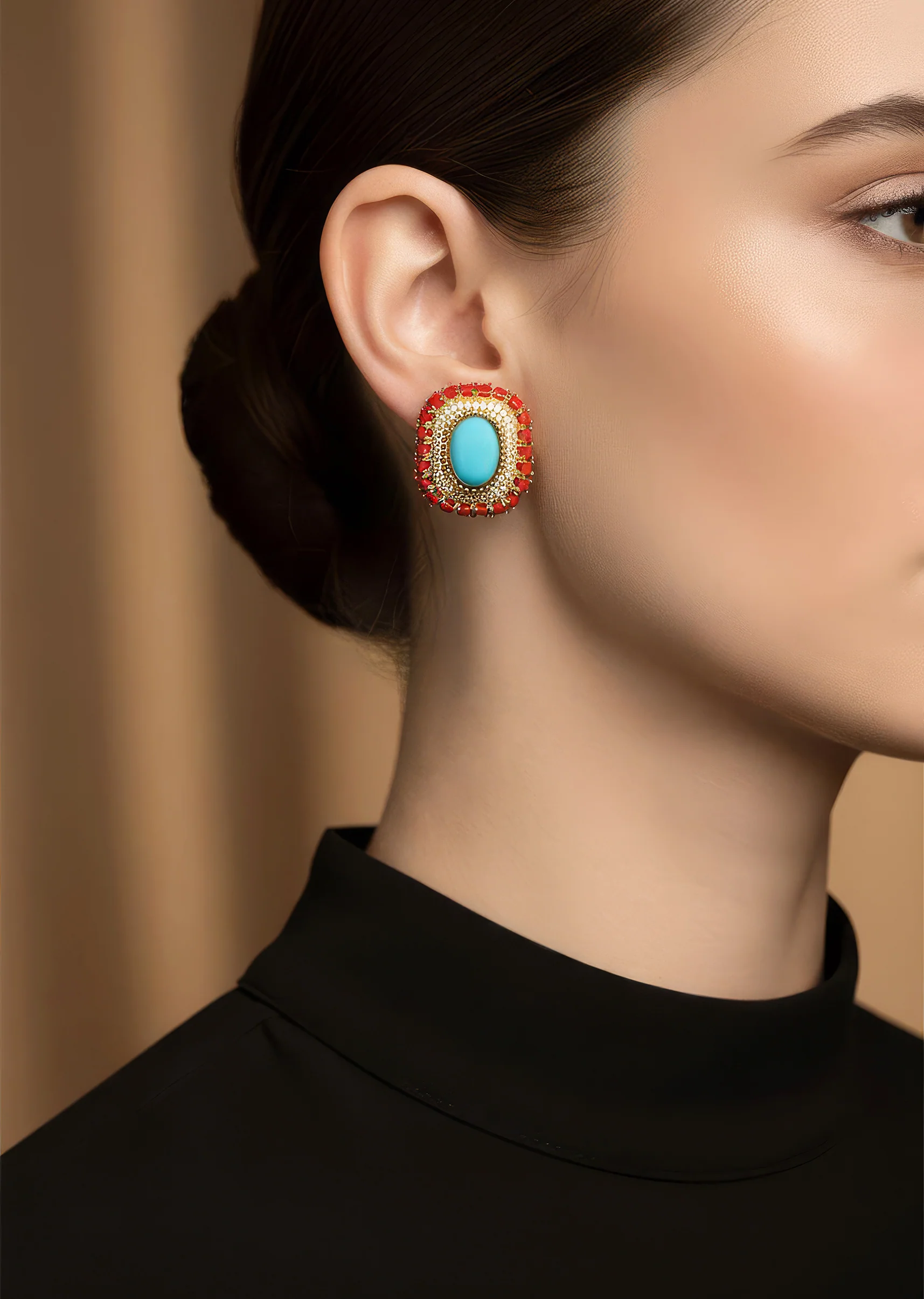 928-gold-finish-stud-earrings-with-dome-cut-turquoise-and-cubic-zirconia-detailing-1.webp Gold Finish Stud Earrings With Dome Cut Turquoise And Cubic Zirconia Detailing