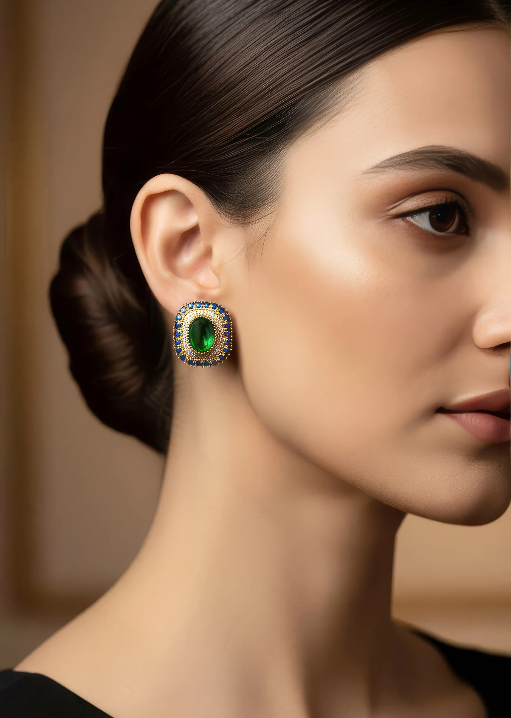 929-gold-finish-earrings-in-rectangular-style-with-emerald-and-blue-stone-detailing-1.webp Gold Finish Earrings In Rectangular Style With Emerald And Blue Stone Detailing