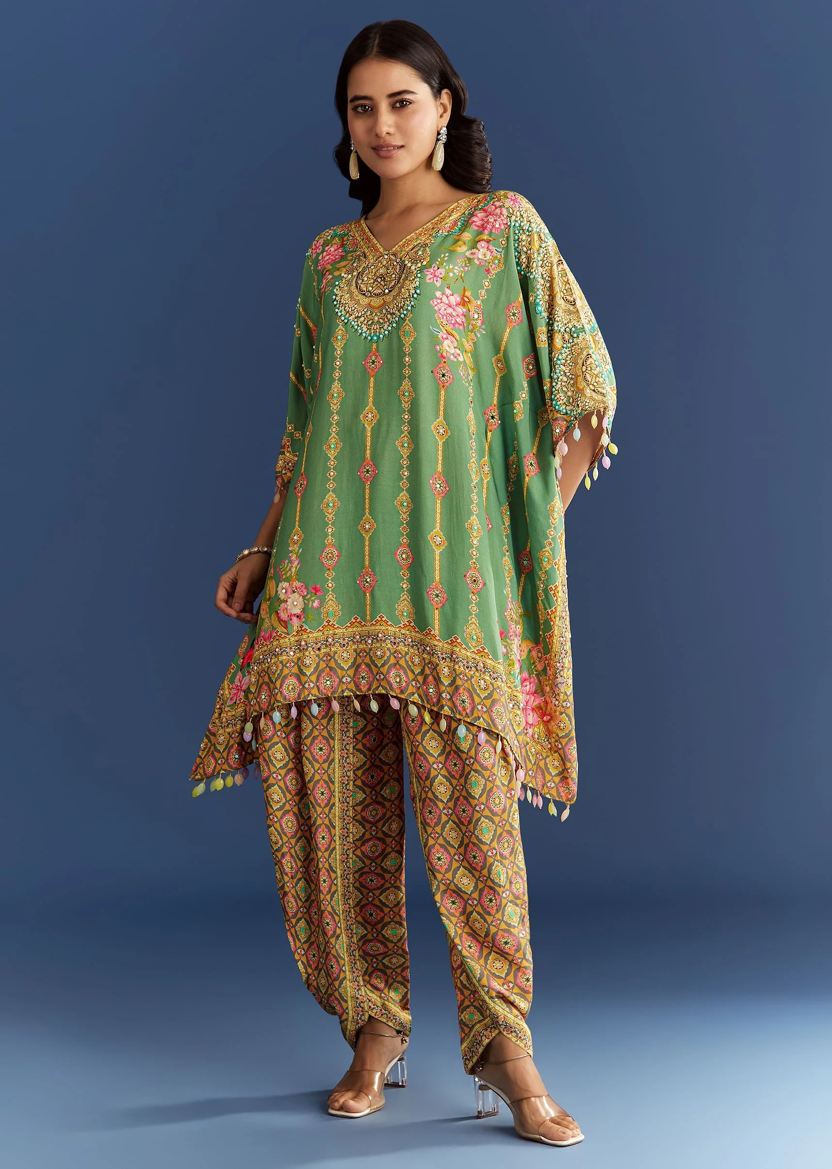 9294-light-aqua-green-cotton-muslin-kaftaan-with-printed-dhoti-1.webp Light Aqua Green Cotton Muslin Kaftaan With Printed Dhoti