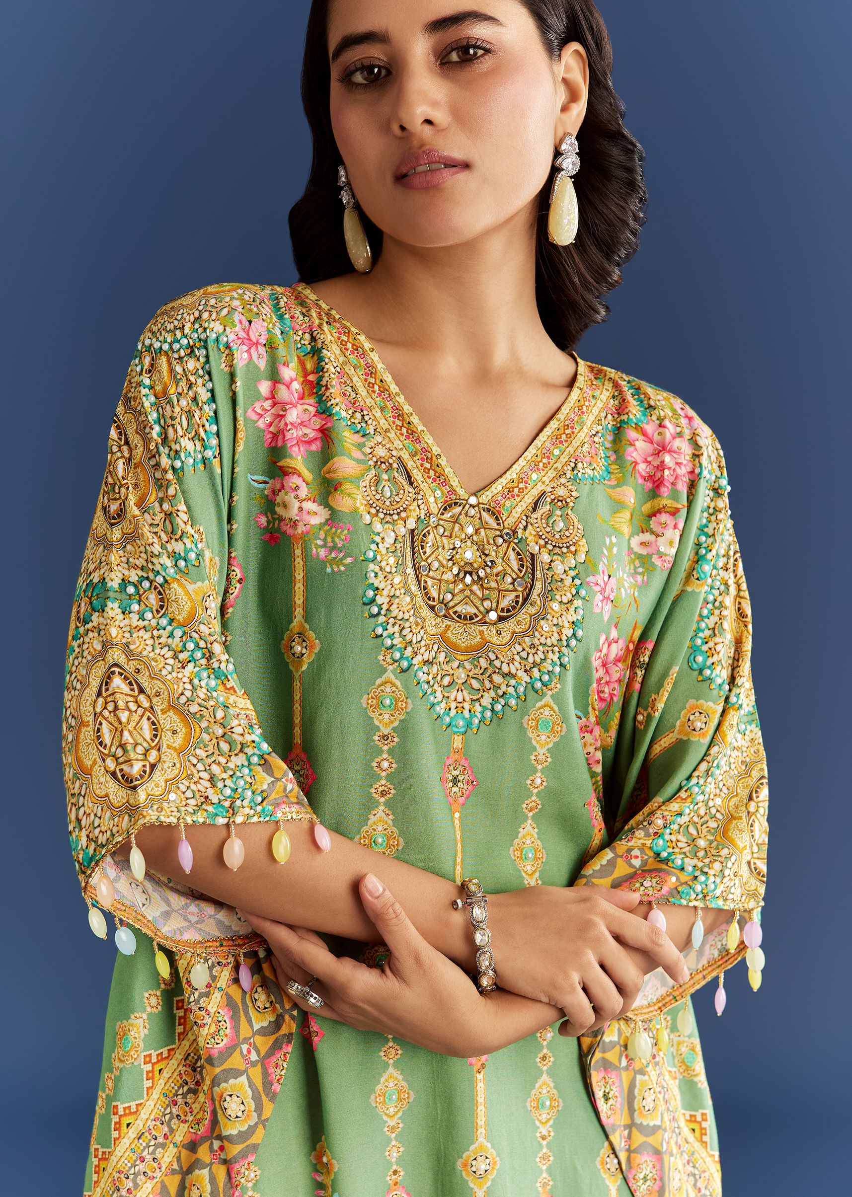 9294-light-aqua-green-cotton-muslin-kaftaan-with-printed-dhoti-2.jpg Light Aqua Green Cotton Muslin Kaftaan With Printed Dhoti